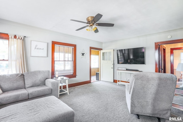 living room with ceiling fan, crown molding, plenty of natural light, and carpet