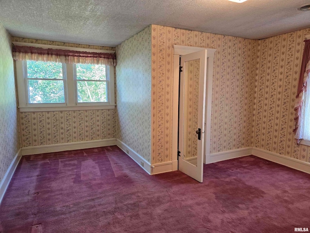 unfurnished room featuring a textured ceiling and carpet flooring