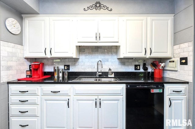 kitchen featuring white cabinets, sink, decorative backsplash, and black dishwasher