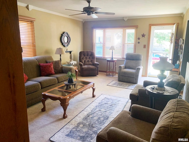 carpeted living room with crown molding and a healthy amount of sunlight