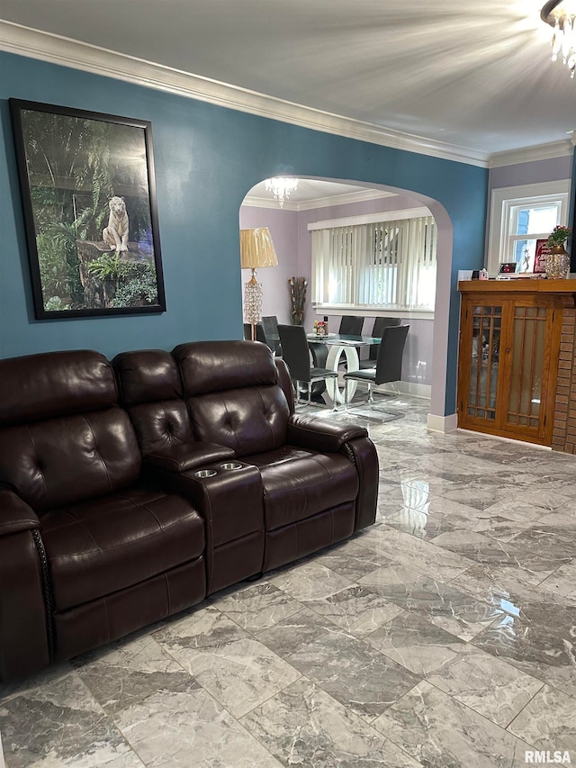 living room featuring crown molding