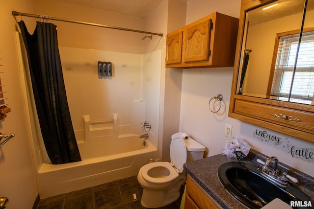 full bathroom with vanity, toilet, and shower / bathtub combination with curtain