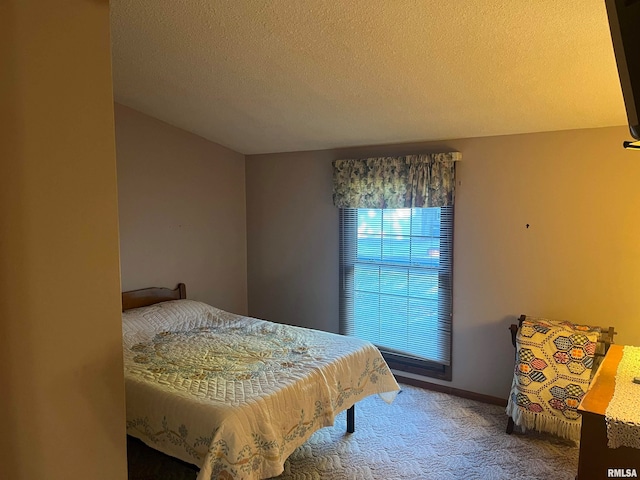 bedroom featuring carpet and a textured ceiling