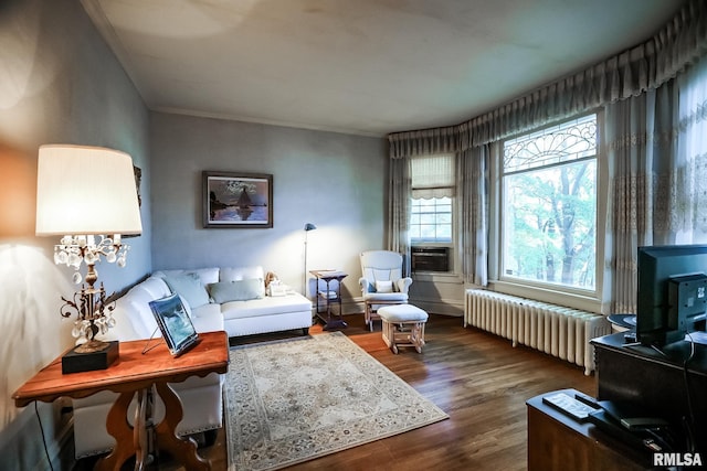 living room featuring ornamental molding, dark wood-type flooring, cooling unit, and radiator heating unit