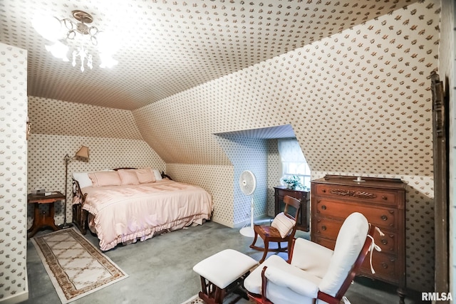 bedroom with carpet and vaulted ceiling