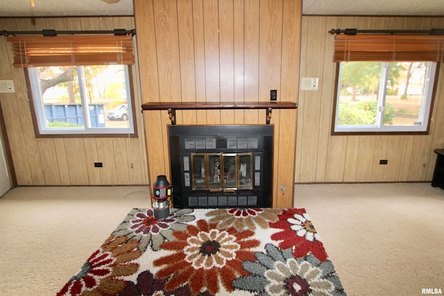 living room featuring wood walls and carpet floors