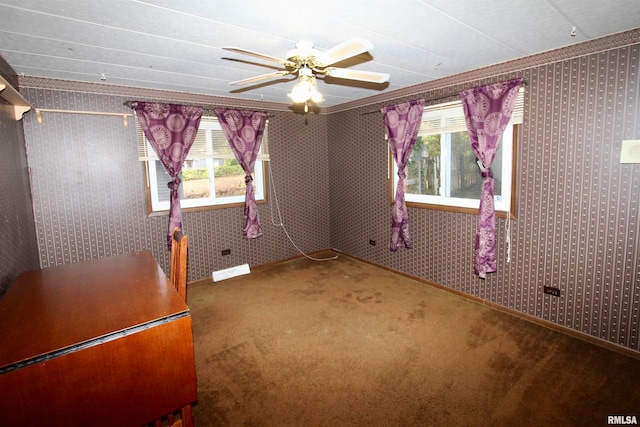 unfurnished bedroom with multiple windows, carpet, ceiling fan, and crown molding