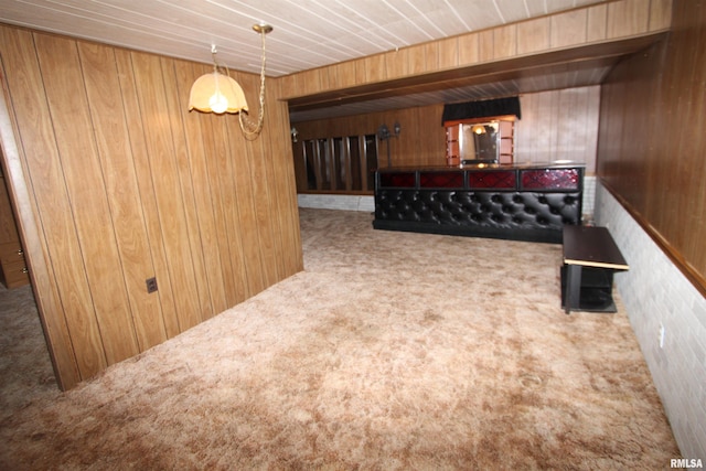 interior space featuring wooden walls and carpet