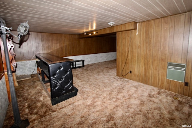 basement featuring wooden walls and dark carpet