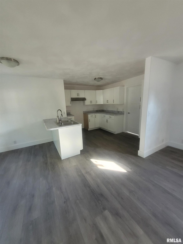 kitchen featuring dark wood-type flooring, sink, kitchen peninsula, and white cabinets