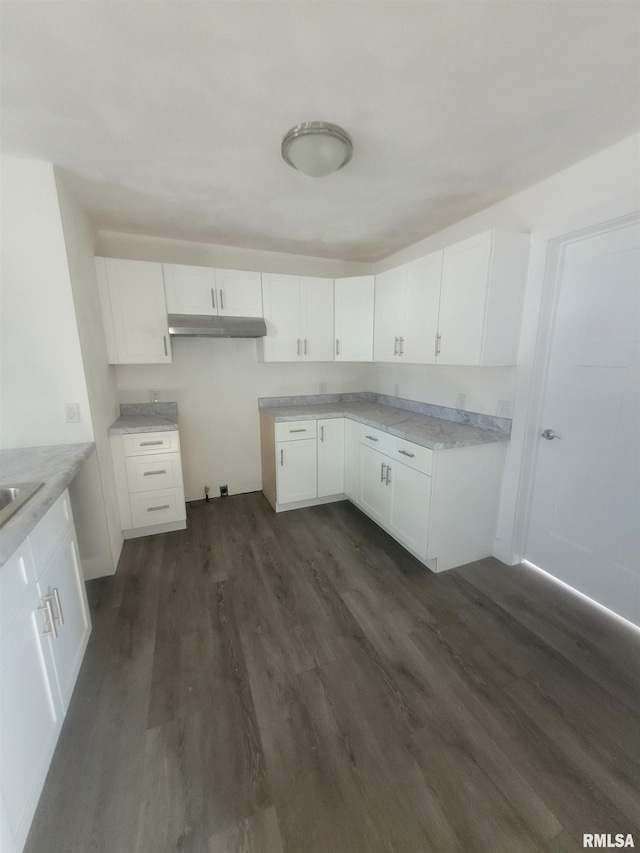 435 N Ave B Ave, Canton, IL 61520 - kitchen with dark wood-type flooring, white cabinetry, light countertops, and under cabinet range hood