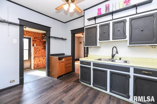 kitchen with ornamental molding, sink, dark wood-type flooring, and ceiling fan