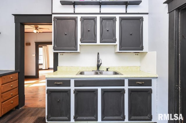 kitchen featuring ceiling fan, sink, and dark hardwood / wood-style flooring