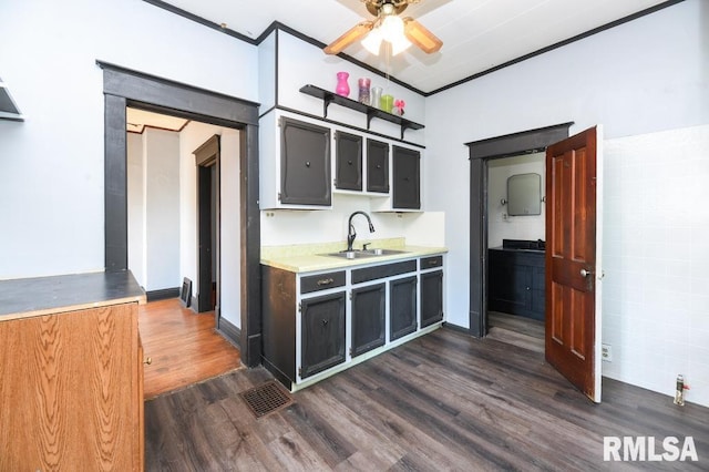 kitchen with crown molding, ceiling fan, sink, and dark hardwood / wood-style flooring