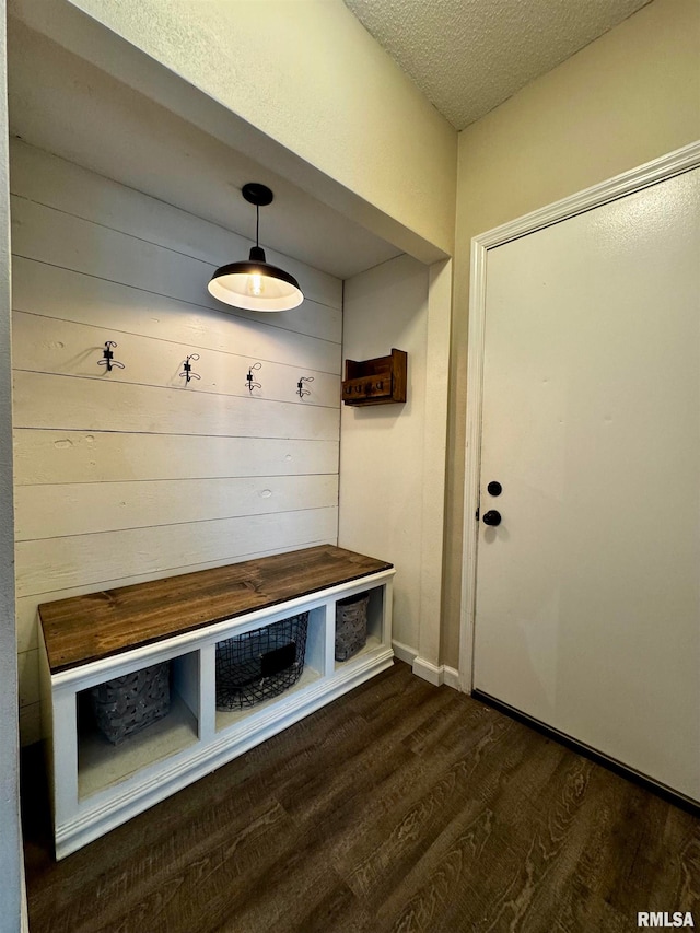 mudroom featuring a textured ceiling and dark hardwood / wood-style flooring