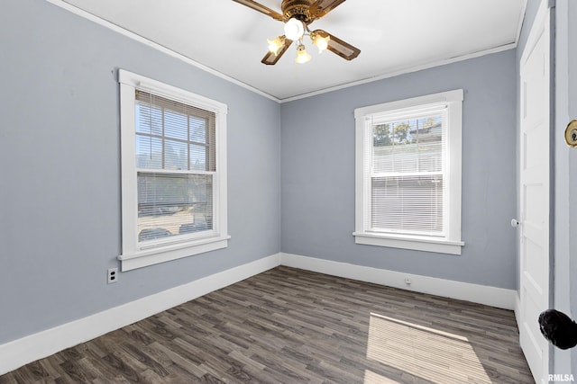 unfurnished room with ceiling fan, ornamental molding, and dark hardwood / wood-style flooring