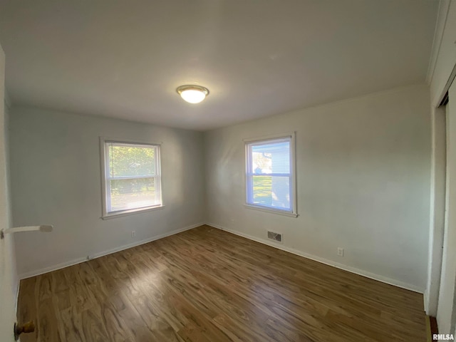 spare room featuring a wealth of natural light and dark hardwood / wood-style flooring