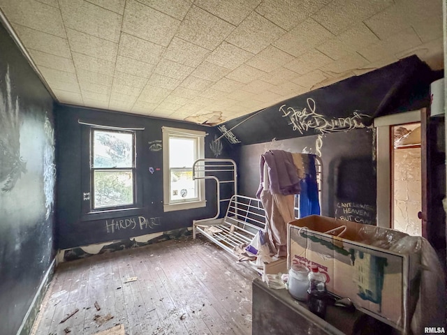 miscellaneous room with hardwood / wood-style floors and vaulted ceiling