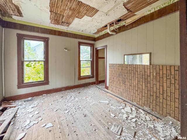 unfurnished room featuring wood walls and light hardwood / wood-style flooring