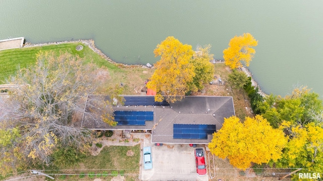 drone / aerial view with a water view