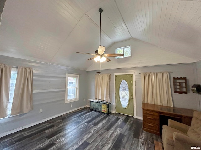 interior space featuring vaulted ceiling, ceiling fan, plenty of natural light, and dark hardwood / wood-style flooring