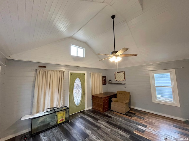 entrance foyer with lofted ceiling, dark hardwood / wood-style floors, wooden ceiling, and ceiling fan