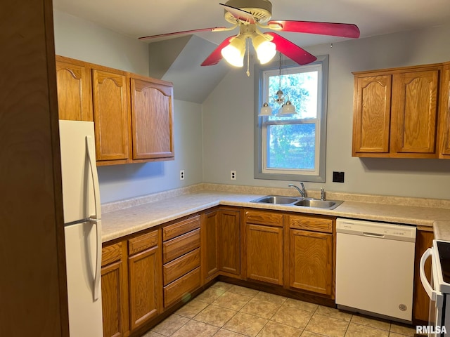 kitchen featuring sink, ceiling fan, white appliances, and light tile patterned floors