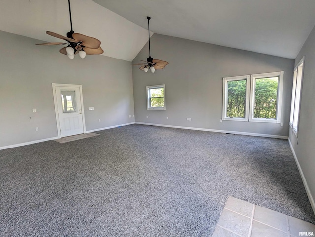 unfurnished living room featuring high vaulted ceiling, carpet flooring, a ceiling fan, and baseboards