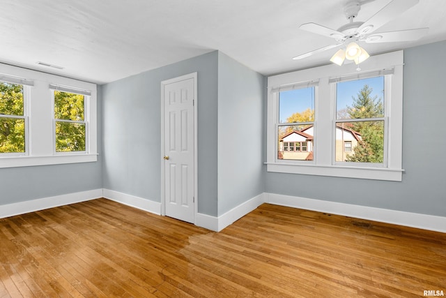 empty room featuring a wealth of natural light, light hardwood / wood-style floors, and ceiling fan