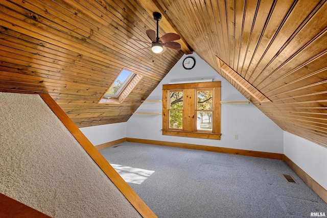 bonus room featuring vaulted ceiling with skylight, wood ceiling, carpet, and ceiling fan