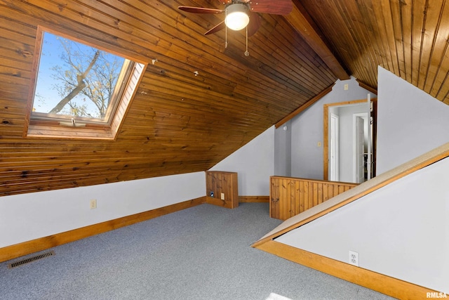 bonus room featuring lofted ceiling with skylight, wooden ceiling, carpet, and ceiling fan