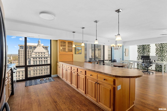 kitchen featuring ceiling fan with notable chandelier, pendant lighting, dark hardwood / wood-style floors, and stainless steel electric range oven