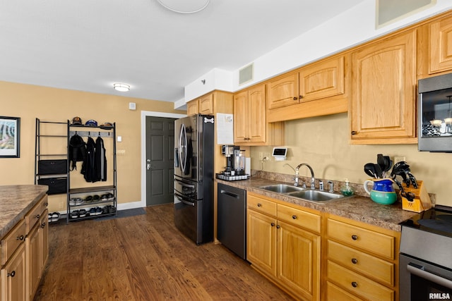 kitchen featuring appliances with stainless steel finishes, sink, and dark hardwood / wood-style floors