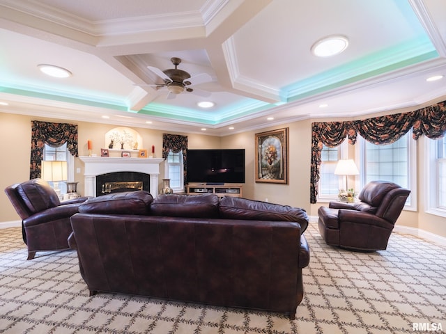 living room featuring light carpet, coffered ceiling, ceiling fan, crown molding, and beamed ceiling