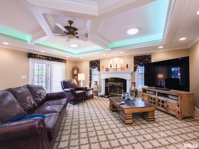 carpeted living room featuring crown molding, a fireplace, beamed ceiling, and coffered ceiling