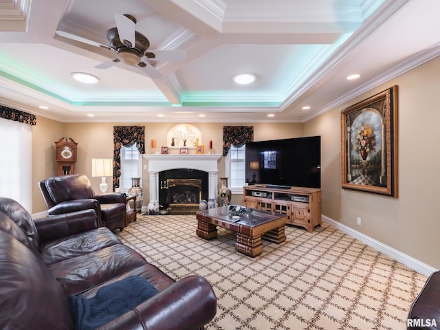 living room featuring a high end fireplace, light colored carpet, ornamental molding, and coffered ceiling