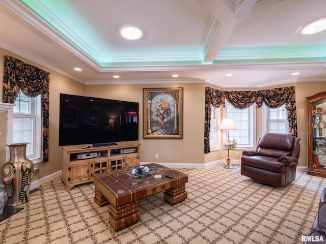 living room with beam ceiling, light carpet, and ornamental molding