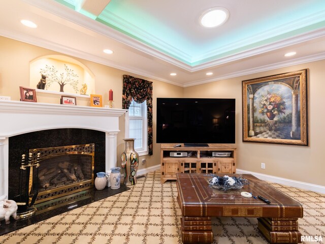 living room with light colored carpet and ornamental molding