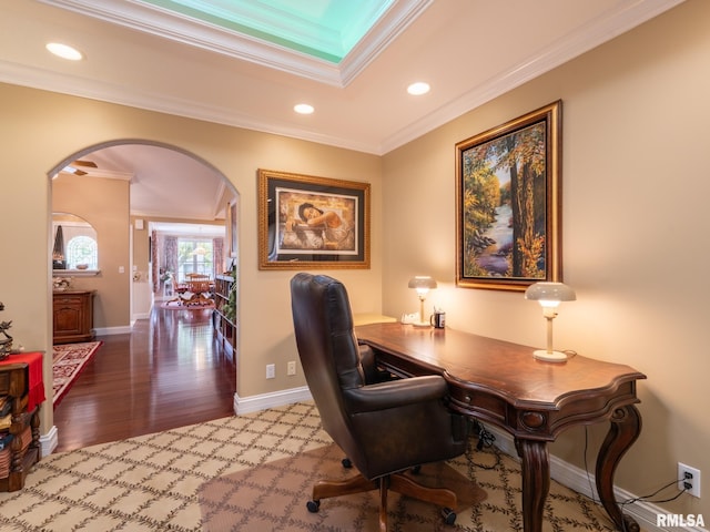 office featuring crown molding and hardwood / wood-style floors