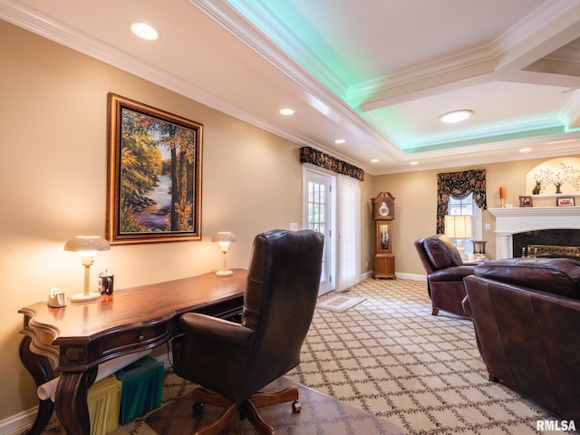 carpeted office with crown molding