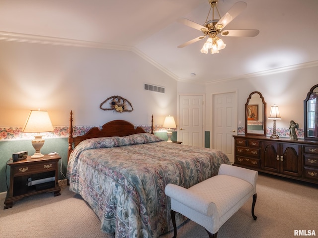 bedroom featuring light carpet, ceiling fan, and ornamental molding