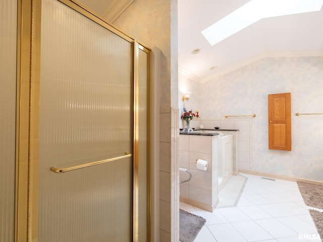 bathroom featuring tile patterned flooring, a shower with shower door, ornamental molding, and vaulted ceiling with skylight