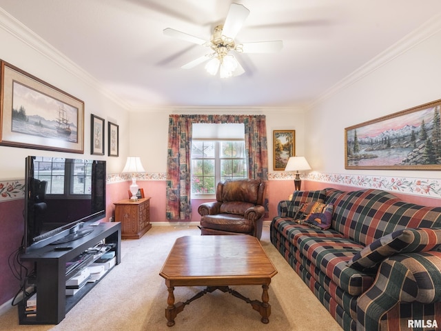 carpeted living room featuring ceiling fan and ornamental molding