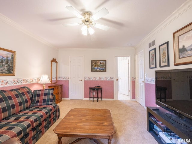 living room with ceiling fan, light colored carpet, and crown molding