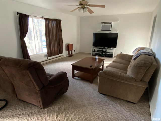 living room featuring ceiling fan, light colored carpet, and a baseboard heating unit