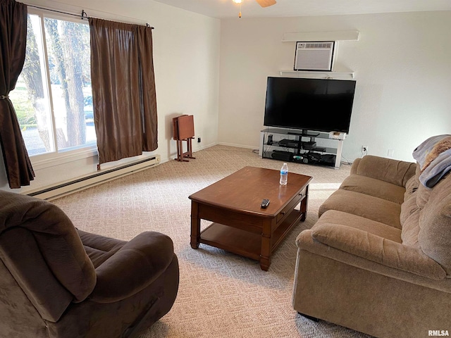 carpeted living room with plenty of natural light, ceiling fan, a wall mounted AC, and a baseboard radiator