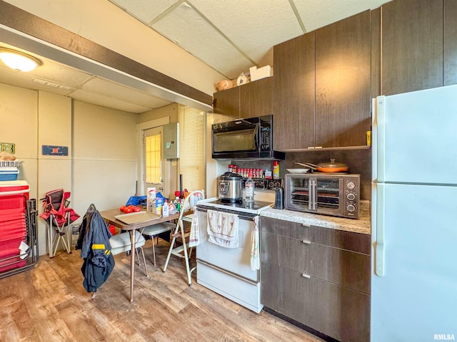 kitchen featuring light hardwood / wood-style flooring, dark brown cabinets, and white appliances