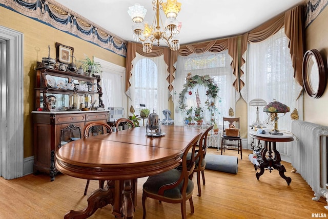 dining area featuring a chandelier, radiator heating unit, light hardwood / wood-style flooring, and plenty of natural light