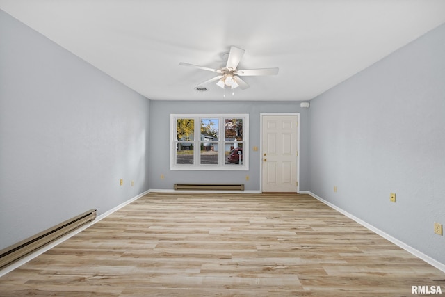 empty room with light hardwood / wood-style flooring, a baseboard heating unit, and ceiling fan