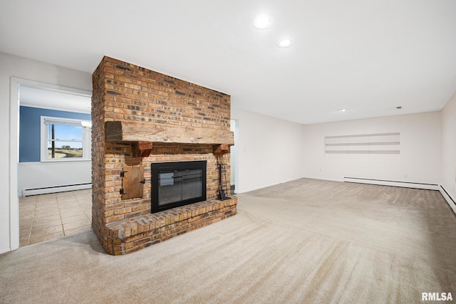 living room featuring a fireplace, carpet, and a baseboard heating unit